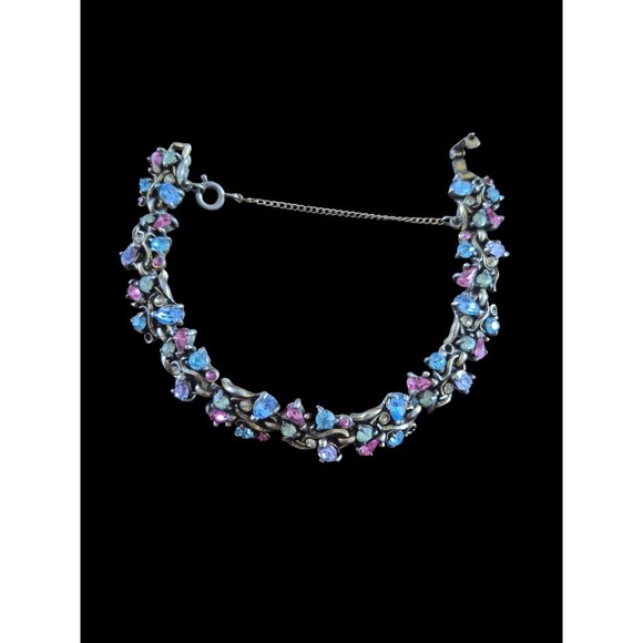 Vintage Hollycraft 1950 Signed Fruit Salad Green Pink Blue Rhinestone Bracelet - Picture 1 of 5